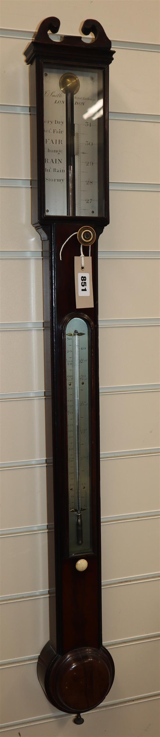 A 19th century mahogany stick barometer and thermometer by J. Smith, Royal Exchange, London H.96cm
